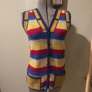 Crochet Vest Vintage with Leather Trim